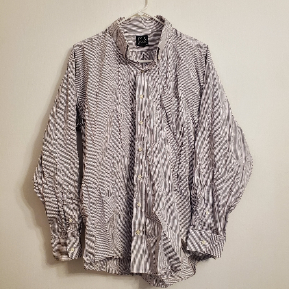 Men's Jos. A. Bank Button Down Long Sleeve Shirt LARGE Red White Gray Striped